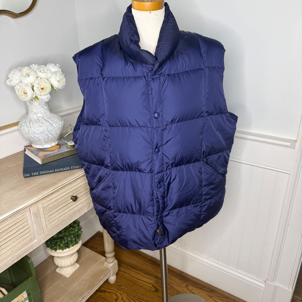 Lands End Mens XL Navy Blue Quilted Goose Down Puffer Vest Snap Front Mock Neck